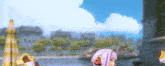 a cartoon character is eating ice cream in front of a body of water .