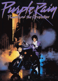 a purple rain poster with prince on a motorcycle