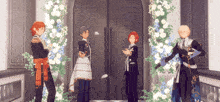 a group of anime characters are standing in front of a door surrounded by flowers