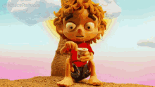 a cartoon character is sitting on the ground and holding a container of yogurt