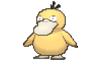 a pixel art drawing of a yellow duck with a funny face