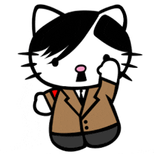 a black and white cartoon cat wearing a brown suit