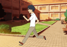 a man in a white shirt is running in front of a large building