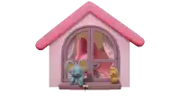 a stuffed animal in a pink house with a bird flying overhead