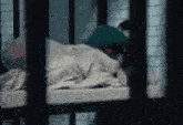 a person is laying on a bed in a prison cell .