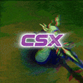 a purple csx logo is displayed in front of a green background