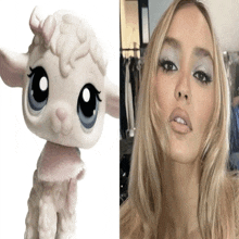 a toy sheep next to a picture of a woman
