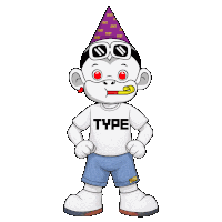 a cartoon monkey wearing a party hat and sunglasses is wearing a type shirt