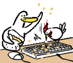 a duck and a chicken are standing next to a keyboard and mouse .