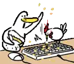 a duck and a chicken are standing next to a keyboard and mouse .