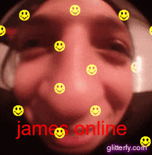 a close up of a person 's face with smiley faces on it and the words james online glitterfy.com on the bottom