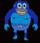 a blue cartoon character is walking up a set of wooden stairs