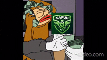a cartoon of a man holding a bunch of money and a safuu logo