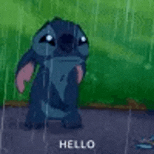 stitch from lilo and stitch is standing in the rain and saying hello .
