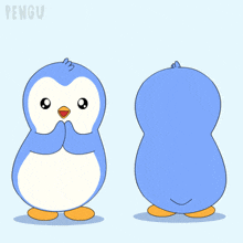 two blue penguins are jumping in the air with the word pengu on the bottom left