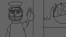 a black and white drawing of a cartoon character with a smiley face