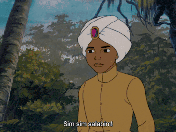 Hadji says 'sim sim salabim' and the rope unwinds from the boat, revealing Bandit cowering inside