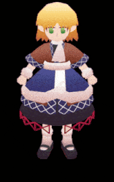 a cartoon drawing of a girl in a blue and brown dress