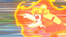 a cartoon character is surrounded by flames and has a big mouth