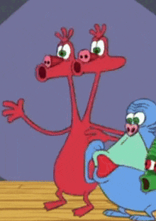 a cartoon of a red monster with two faces standing next to a blue monster