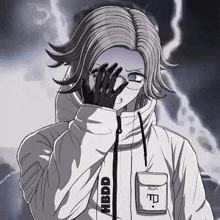 a girl with glasses and a jacket that says hbdd on it