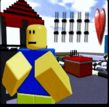 a roblox character with a sad face is standing in front of a building and a heart .