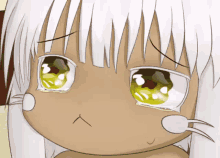 a close up of a cartoon character 's face with white hair and yellow eyes