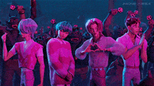 a group of cartoon characters are making a heart shape with their hands in front of a crowd of people .