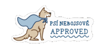 a sticker that says psi nebojsove approved with a dog wearing a cape