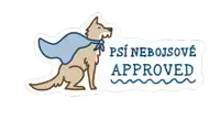 a sticker that says psi nebojsove approved with a dog wearing a cape