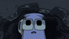 a cartoon drawing of a purple object with glasses and a blue square in its eye