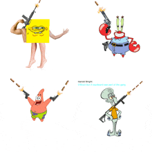 patrick star squidward and mrs. krabs are holding guns