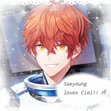 a picture of a red haired anime character with the words saeyoung loves ciel