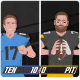 a cartoon of two football players with the score ten to zero