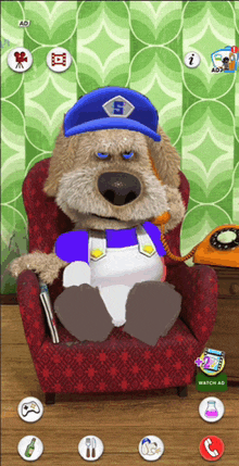 a dog wearing overalls and a hat is sitting in a chair