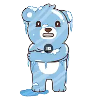 a cartoon drawing of a teddy bear covered in ice and a video button