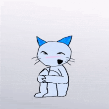 a drawing of a cat with blue ears is sitting down