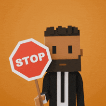 a man with a beard is holding a stop sign in front of his face