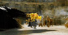 a pixel art of a man standing in front of a large dragon