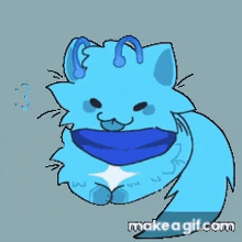 a pixel art drawing of a blue cat with a scarf around its neck