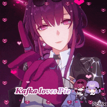 a picture of a girl with the words kafka loves pie above her