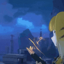 a girl with blonde hair is holding a sword in her hand