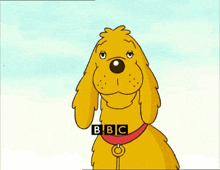 a yellow dog with a red collar and a bbc logo