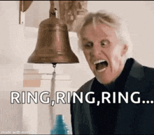 a man screaming in front of a bell with the words ring ring ring
