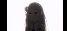 a girl with long white hair is standing in front of a white background with chinese characters on it