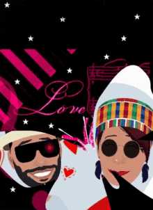 a man and a woman are posing for a picture and the word love is on the background