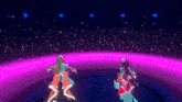 two anime girls are standing next to each other on a stage in a purple light .
