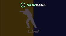 a silhouette of a man with a gun and the words skinrave cs2 below him