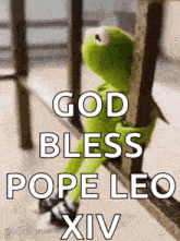 kermit the frog is sitting on a railing with the words `` god bless pope leo xiv '' .