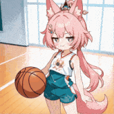 a girl with pink hair is holding a basketball in her hand